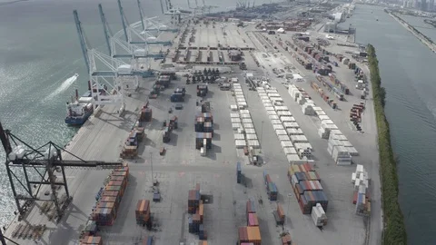 Aerial top view to cargo docks of Miami port Stock Footage 121066574