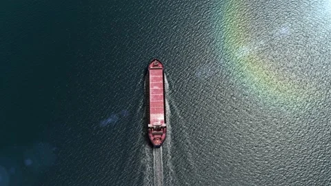 Aerial top view of cargo ship Empty in the wide sea ocean Stock Footage 143469849