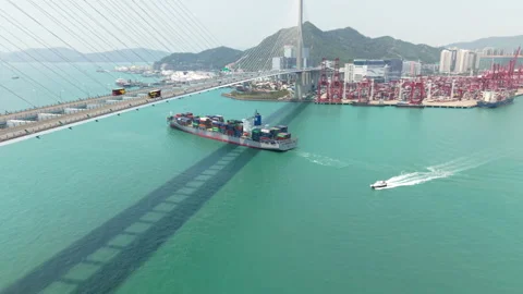 Aerial top view of cargo ship carrying container and running for export goods Stock Footage 328337075