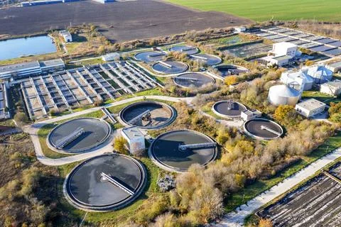 Aerial top view of a city sewage treatment plant. Aerial top view of a cit... Stock Photos
