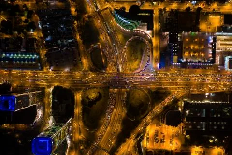 Aerial top view of cloverleaf  Interchange road at rush hour Stock Photos