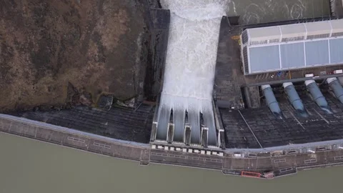 Aerial Top View of Clyde Dam Spill Gates Releasing Water, Clutha River, New Stock Footage 346451461
