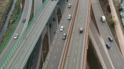 Aerial top view complex highway interchange with overpasses and multilane roads Stock Footage 331724205