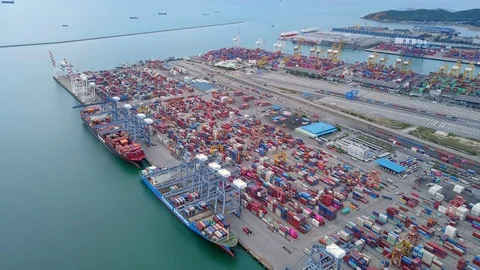 Aerial top view of container cargo ship in the export and import business and Stock Footage 109420961
