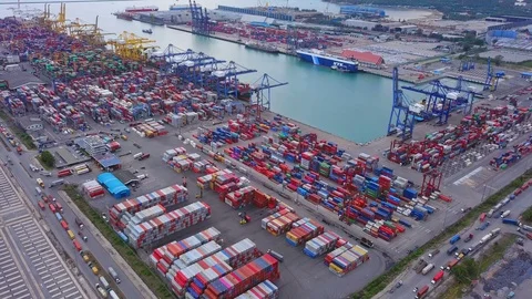 Aerial top view of container cargo ship in the export and import business and Stock Footage 109426509