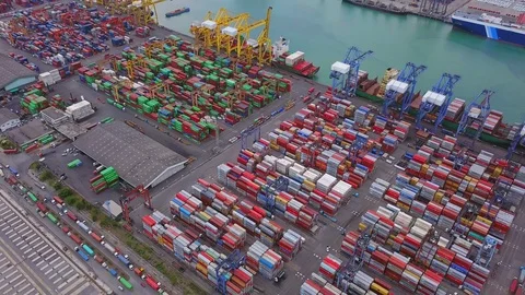 Aerial top view of container cargo ship in the export and import business and Video stock 109428716