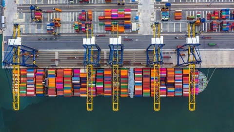 Aerial top view Container cargo freight ship with industrial working crane. Stock Footage 118447906