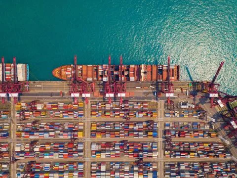 Aerial top view of container cargo ship in the export and import business and Stock Photos
