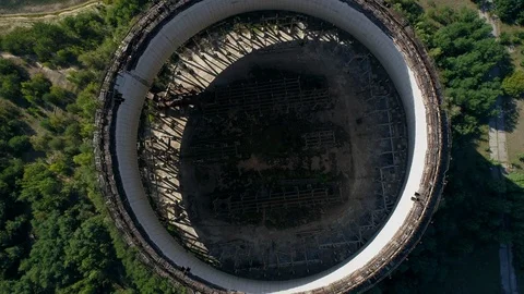 Aerial top view of cooling tower for fifth, sixth nuclear reactors of Chernobyl Stock Footage 124162696