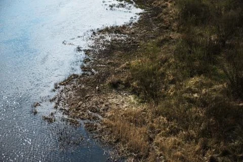 Aerial top view, countryside spring panorama of small quiet river on sunny da Stock Photos