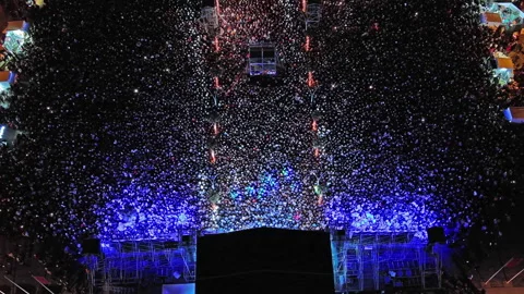 Aerial top view of crowd people at night music concert Stock Footage 337022912