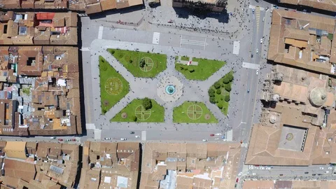 Aerial top view of the Cusco's main plaza and cathedrals with crowd of people. Stock Footage 106539148