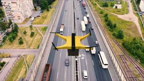 AERIAL. Top view of a delivery drone shipping a order to customer. Delivery Stock Footage 149456589
