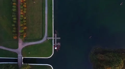 Aerial Top View of the Dock and Lake With Rowing Boats Stock Footage 63576478