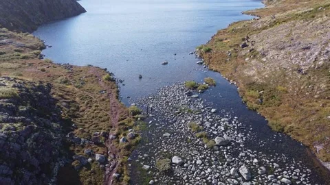 Aerial Top View A Drone Of Small Battery Lake, Village Of Teriberka Stock-Footage 220533783