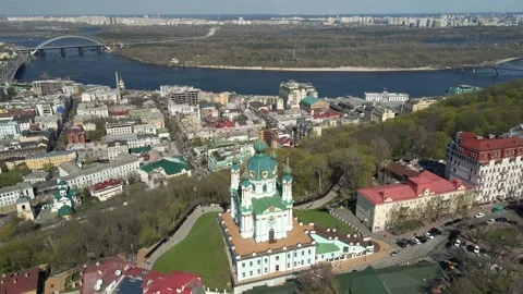 Aerial top view by drone of St. Andrew's Church in Kiev city. Ukraine. Stock Footage 197411189