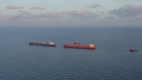 Aerial top view from a drone of two offshore oil tankers Stock Footage 249564301