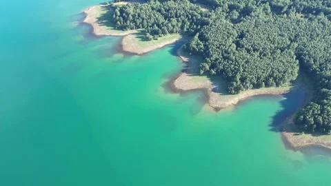 Aerial top view of emerald Lake Plastiras shoreline with green pine tree forest Stock Footage 340512880