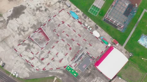 Aerial top view of the empty go-kart track. Kart racing or karting motorsport Stock Footage 153429405