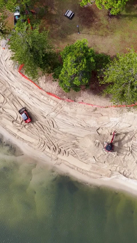 Aerial Top View of Excavators Working on Gold Coast Beach Construction Stock Footage 334282682