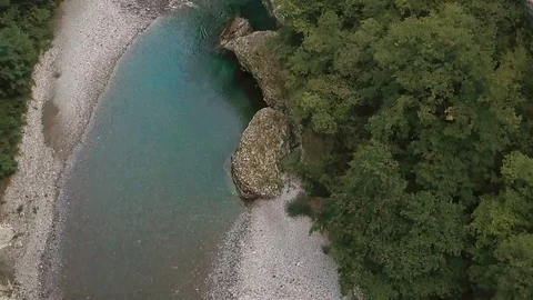 Aerial top view of flight over mountain river Stock Footage 82352949