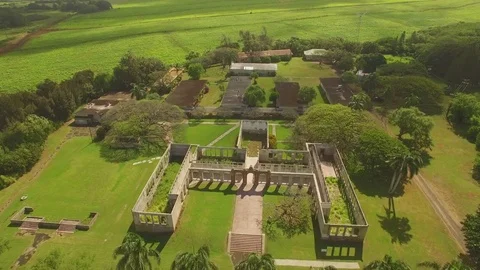 Aerial Top View Fly Over Creepy Spooky Haunted Abandoned Old Maui High School Stock Footage 74216720