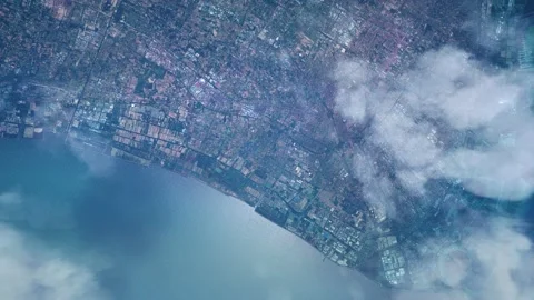 Aerial top view flying over the coast of Shanghai Bay in China Stock Footage 205276953
