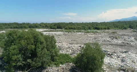 Aerial top view of garbage dump on a shore of forest lake. Ecological Problem Stock Footage 115399688