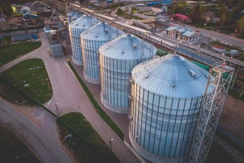 Aerial top view of Grain Elevator Silos, Granary of a feed mill built of mode Stock Photos