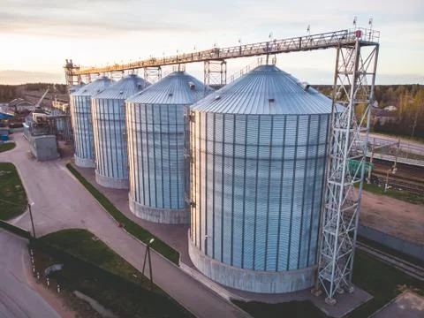 Aerial top view of Grain Elevator Silos, Granary of a feed mill built of mode Stock Photos