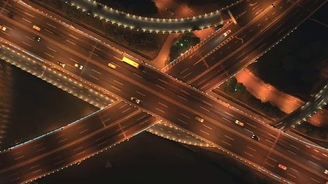 Aerial top view of highway interchange at night. Aerial top view of road Stock-Footage 111452906
