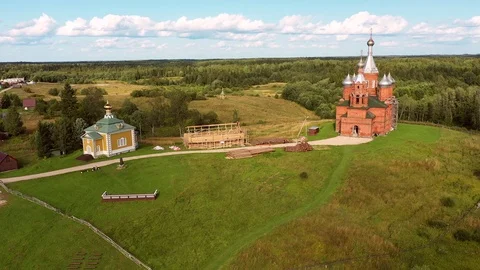 Aerial top view on Holguin convent. Village Volgoverkhovye Video stock 119804341