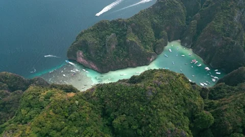 Aerial top view iconic tropical turquoise water Pileh Lagoon surrounded by Stock Footage 236440904