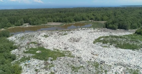 Aerial top view of Illegal garbage dump on a shore of forest lake. Ecological Video stock 111753565