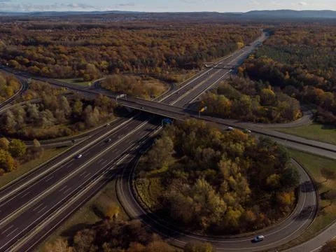 Aerial top view of the intersection of highways in Germany Stock Photos