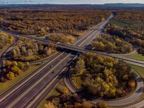 Aerial top view of the intersection of highways in Germany Stock Photos