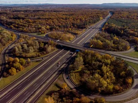 Aerial top view of the intersection of highways in Germany Stock Photos