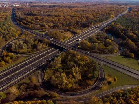 Aerial top view of the intersection of highways in Germany Stock Photos
