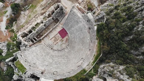 Aerial Top View Of A Large Ancient Theater Ruins In The Lycian City Of Myra Stock Footage 196079888