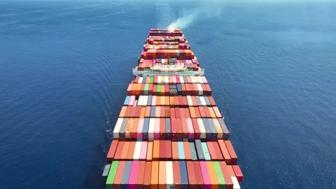 Aerial top view of a large container cargo ship traveling with speed Stock Footage 294545306