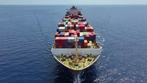 Aerial top view of a large container cargo ship traveling with speed Stock Footage 312160477