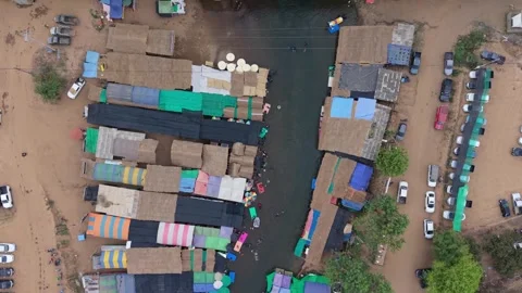 Aerial Top View of Local River Market and Floating Huts 4K 스톡 동영상 333962496