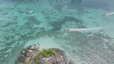 Aerial Top View of Long-tail Boats and Rocks in Turquoise Sea, Koh Lipe Stock Footage 337518982