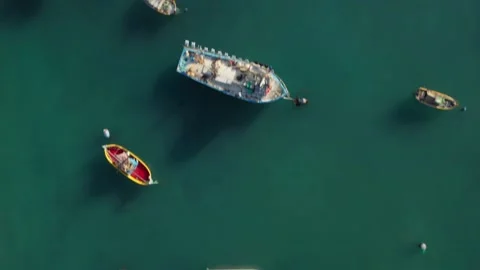 Aerial top view of many typical fishing boats on the sea Stock Footage 149611904