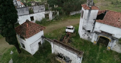 Aerial top view of medieval constructions abandonded and damaged 스톡 동영상 119093428