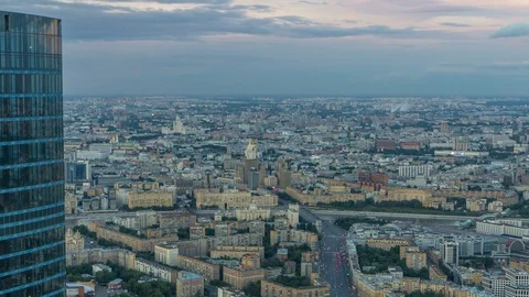 Aerial top view of Moscow city day to night timelapse after sunset. Form from Stock Footage