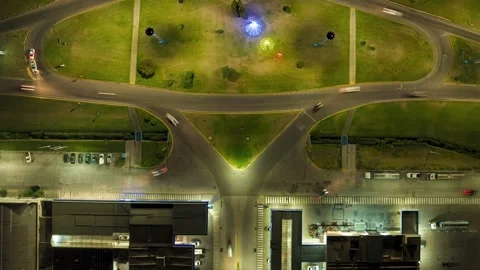 Aerial top view of motorway intersection in downtown at night. Drone view t.. Stock Footage 283765360