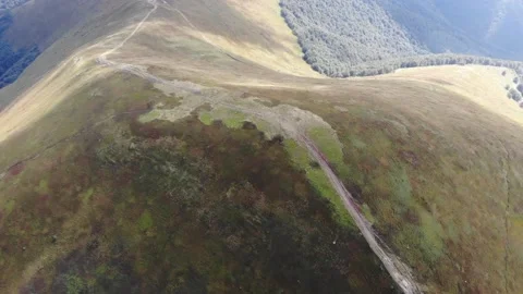 Aerial Top View Of The Mountain Peak With A Dirt Road In The Carpathians Stock Footage 195929172