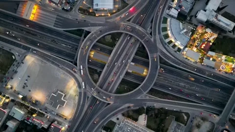 Aerial top view of a multilevel junction ring road in Athens Stock Footage 264158177
