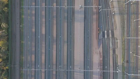 Aerial Top View of Multiple Empty Railway Tracks in Rail Yard Stock Footage 322606933